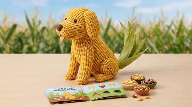nutritious Food & Healthy Eating designed with elegant food styling Creative Corn Kernel Dog Sculpture with Educational Booklet and Colorful Corn Display in Farm Setting