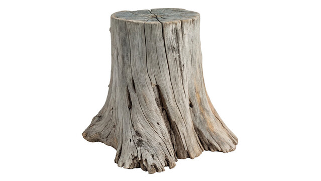 Old weathered grey wooden tree stump texture asset isolated on transparent background