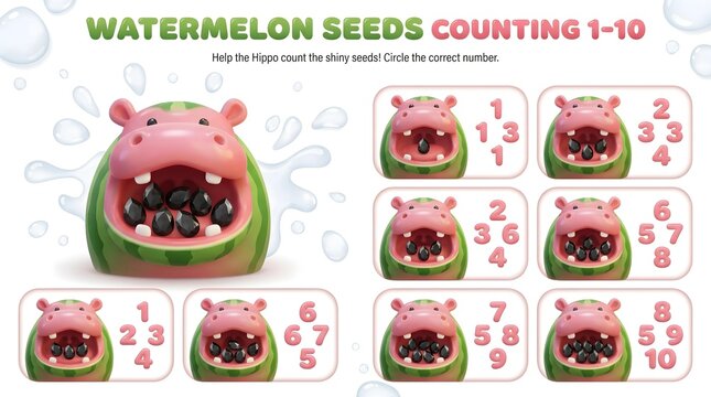 nutritious Food & Healthy Eating designed with elegant food styling Interactive Hippo Watermelon Seed Counting Game for Early Childhood Education and Numeracy Skills Development
