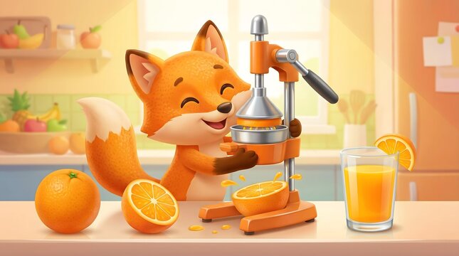 nutritious Food & Healthy Eating designed with elegant food styling Cartoon Fox Squeezing Fresh Orange Juice with Manual Juicer in Bright Playful Kitchen Setting for Children&rsquo;s Storybooks