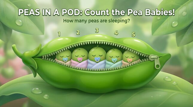 nutritious Food & Healthy Eating designed with elegant food styling Whimsical Pea Babies in a Pod: Adorable Cartoon Illustration with Counting and Educational Theme