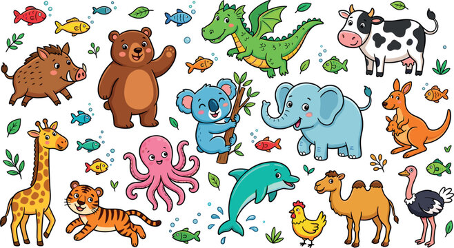 Large cartoon animals vector illustration collection set featuring a dragon elephant giraffe tiger bear cow dolphin and octopus for kids sticker sheets.