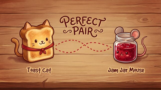 nutritious Food & Healthy Eating designed with elegant food styling Adorable Toast Cat and Jam Jar Mouse Illustration Perfect Pair on Wood Background for Cute Food-Themed Art Lovers