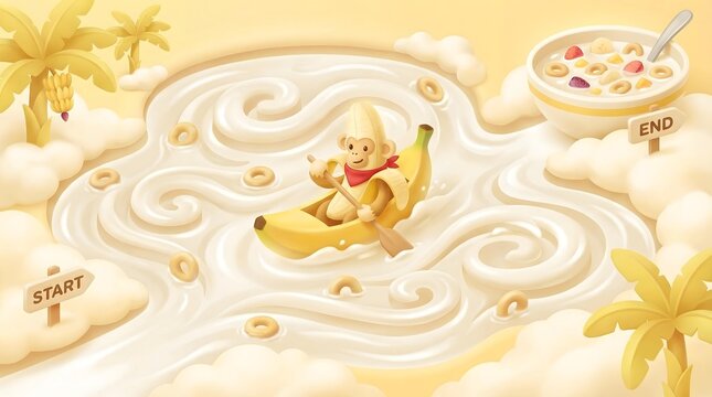nutritious Food & Healthy Eating designed with elegant food styling Whimsical Banana River Adventure with Monkey in Milk Cereal Landscape Fantasy Illustration