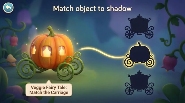 nutritious Food & Healthy Eating designed with elegant food styling Whimsical Children's Puzzle Game for Matching Pumpkin Carriage with Shadow in Magical Fairy Tale Setting