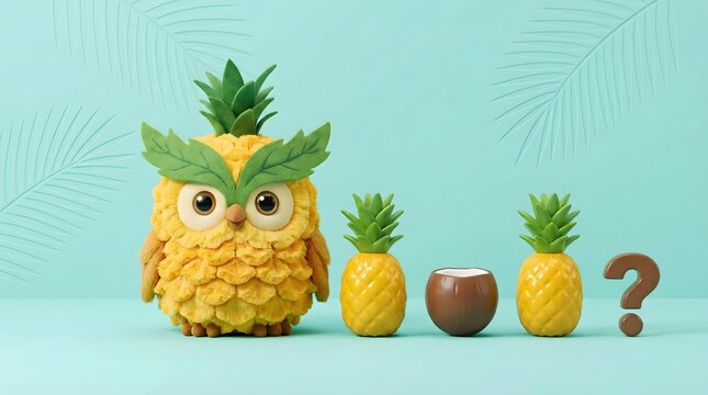 nutritious Food & Healthy Eating designed with elegant food styling Tropical Owl Pineapple Toy with Coconut and Pineapple On Aqua Background for Unique Decor and Creative Concepts