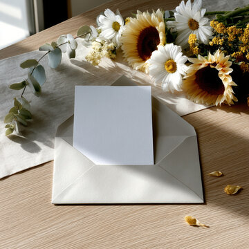 Blank card in white envelope on wooden table with sunflowers, daisies, yellow flowers, and sunlight, perfect for invitations or greeting cards