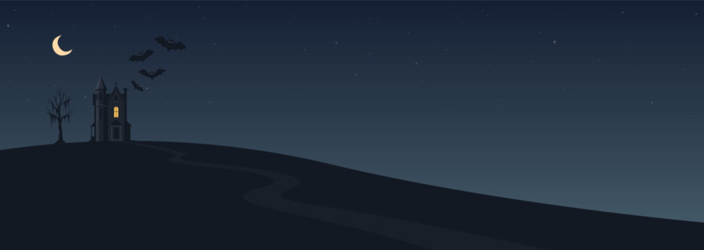 Minimalist countryside landscape with silhouette haunted mansion and dead tree on the hill at night have balnk space.