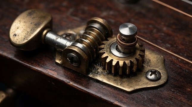Vintage Brass Tuning Peg Mechanism Attached to a Weathered Wooden Guitar Headstock for Musical Instrument Maintenance