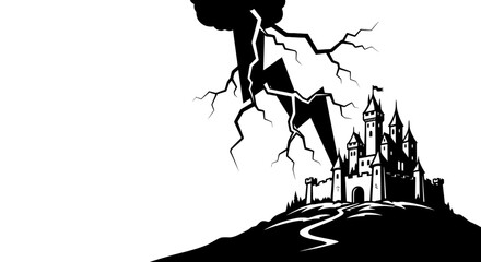 Medieval castle silhouette under powerful lightning bolt © jidan