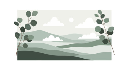 Minimalist mountain landscape with eucalyptus leaves © jidan