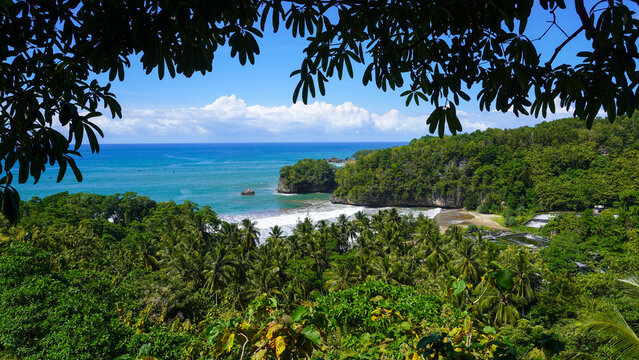 High-angle scenic view of a tropical bay with turquoise waters, dramatic limestone cliffs, and lush green palm forests on the southern coast of Pacitan, East Java, Indonesia.