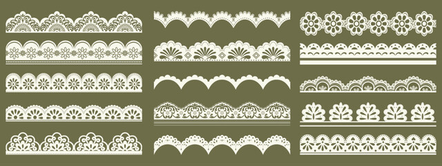 Fototapeta na wymiar Vintage seamless lace border trim set with ornate scallop edge and delicate floral pattern. Elegant collection with wavy crochet outline and decorative detail.