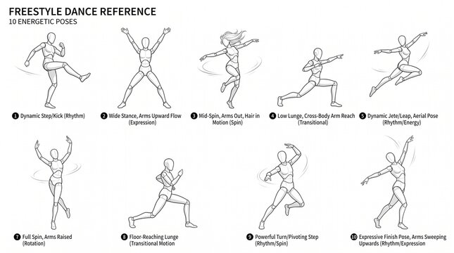Dance pose reference chart for animation and figure drawing. Dynamic ballet and contemporary movement guide for artists and designers.