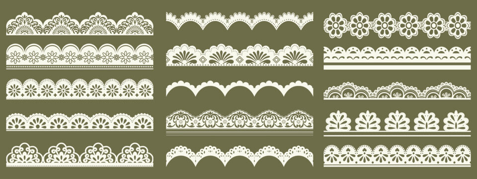 Vintage seamless lace border trim set with ornate scallop edge and delicate floral pattern. Elegant collection with wavy crochet outline and decorative detail.