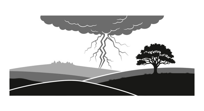 Lightning striking over rolling hills and a lone tree