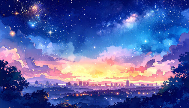 満点の星空と遠くの夜景