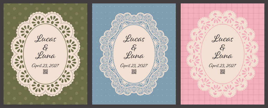 Wedding invitation poster with oval scallop lace frames. Elegant doily trim and floral crochet outline on colorful background. Romantic vector template.