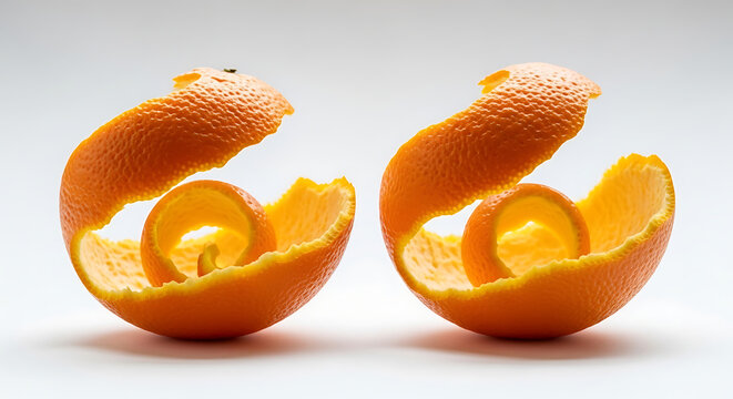 Two peeled orange halves with seeds forming smiley faces