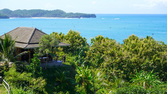 High-angle scenic view of a tropical bay with turquoise waters, dramatic limestone cliffs, and lush green palm forests on the southern coast of Pacitan, East Java, Indonesia.