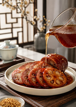 raditional Chinese dessert of sticky rice stuffed lotus root being served with honey glaze.