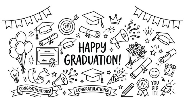 Happy graduation doodle style with caps diplomas and balloons.