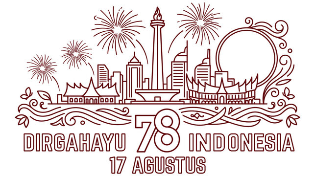 Independence day Indonesia 78 anniversary vector illustration with city landmark fireworks.