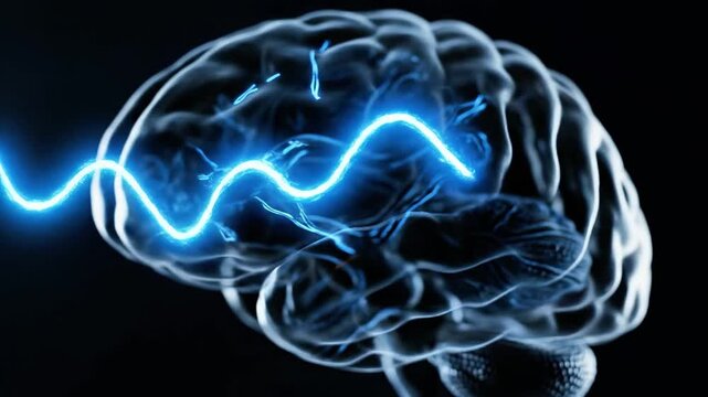 Glowing blue human brain with electric neural pulse wave.