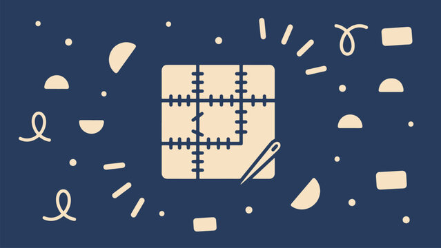Sewing hobby icon showing a patchwork fabric piece and needle on a blue patterned background