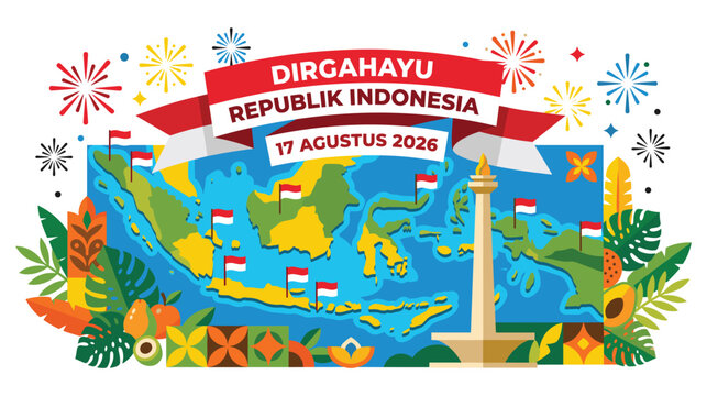 Indonesia independence day celebration map with national flags and monas landmark monument.