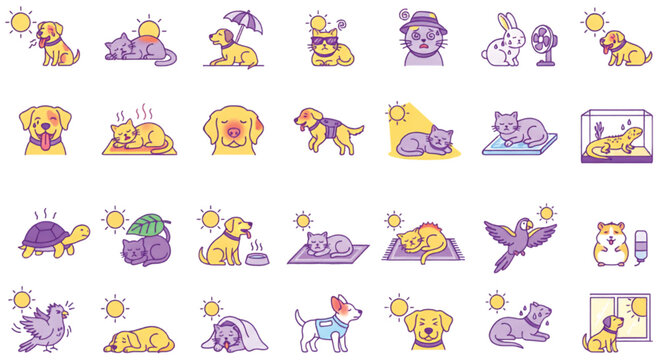 Pet heat safety and summer care icon set showing dogs cats birds and small animals with seasonal protection tips vector illustration
