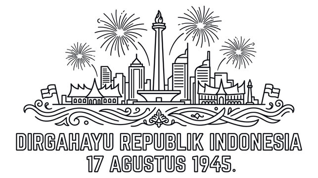 Monas monument skyline with fireworks celebrating indonesia independence day.