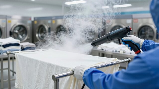 A worker in a blue uniform and gloves uses a high-pressure steam gun to clean garments on a metal rack, with large washing machines visible in the background.
