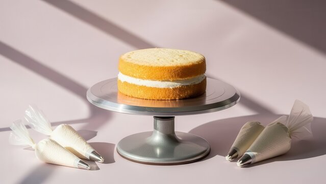 Simple Two-Layer Cake on a Silver Turntable