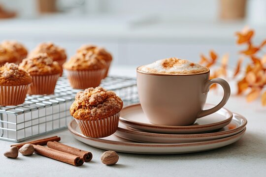 Pumpkin spice muffins with cinnamon latte culinary arts