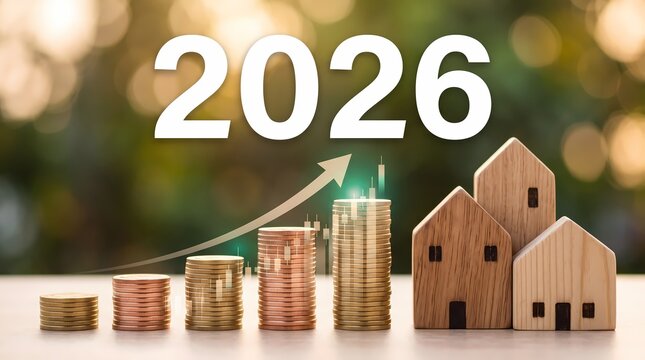 Real Estate Investment Growth 2026 Illustration. Property Market and Financial Planning Concept. Housing Wealth and Economic Forecast. Modern Business Finance Design