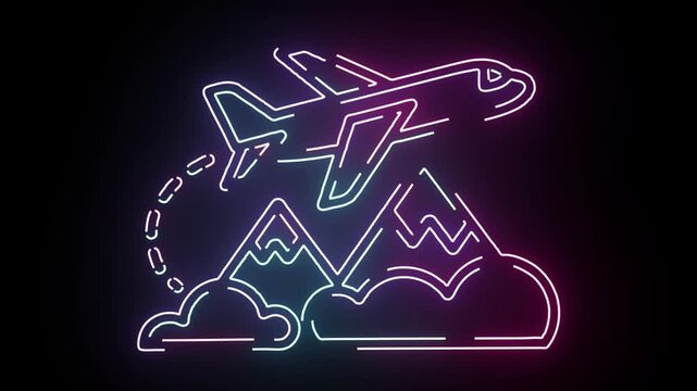Neon Airplane Flying Over Mountain Peaks With Clouds Icon Animation For Travel Agency Website Design Concept Featuring Glowing Pink And Blue Light