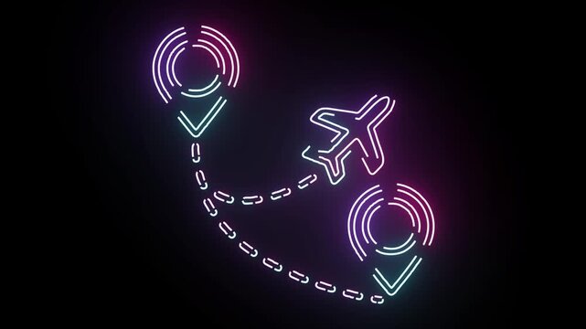 Glowing neon travel icon showing a dotted flight path between two location pins with an airplane flying on a dark background loop animation