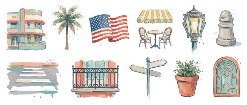 City street icons set. Urban architecture and outdoor elements concept. Includes art deco building, palm tree, US flag, cafe table, street lamp, crosswalk, balcony, potted plant, arched