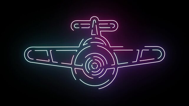 A vibrant neon glowing line art animation of a vintage propeller airplane isolated on a dark black background featuring pulsing electric light effects