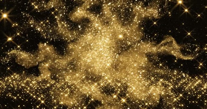 Night sky with shining stars, animated sparkle glitter on black. Festive shining background, magic gold dust explosion, twinkling particle burst surprise effect