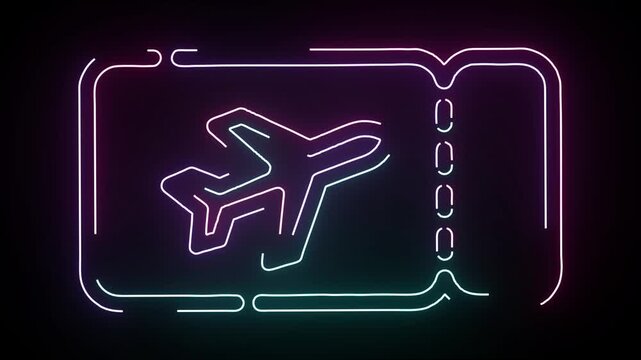 Glowing neon airplane ticket icon with animated shifting colors of blue pink and purple shimmering on a dark background for travel concepts