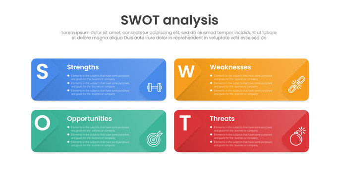SWOT Analysis Horizontal Rectangle Row with 4 Point Diagram for Slide Presentation