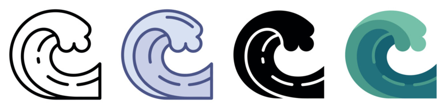 Ocean wave icons set. Marine and water element concept. Includes breaking wave, curling wave, water splash, sea foam, ocean current. Flat, line, and solid styles