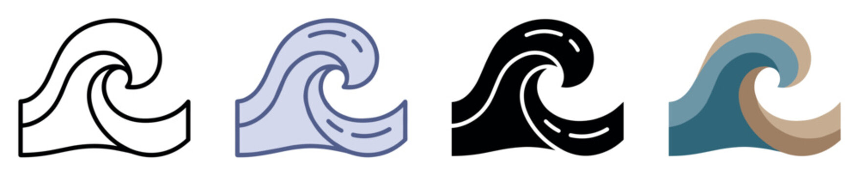 Ocean wave icons set. Water and nature concept. Includes breaking wave, curling wave, sea swell, ocean current, water splash. Various styles