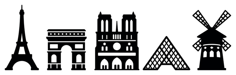 Fototapeta premium Paris landmark icons set. Famous French architecture and travel concept. Includes Eiffel Tower, Arc de Triomphe, Notre Dame, Louvre Pyramid, Moulin Rouge. Solid black silhouette style