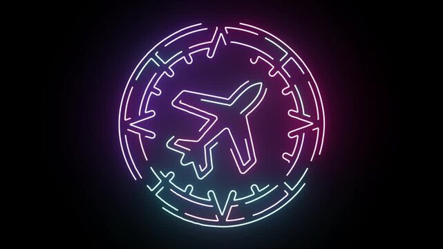 Glowing Neon Airplane Icon Animation Rotating Inside Abstract Circular Sci-fi Geometric Frame Design Loop Motion Graphics Digital Travel Concept Video
