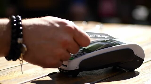 Person paying with credit card on contactless terminal at outdoor cafe