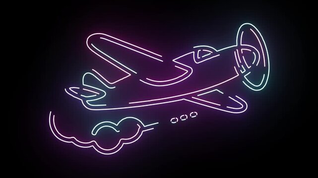 A vibrant neon outline of a propeller airplane flying with a smoke trail on a dark background showing glowing light art animation in motion graphic