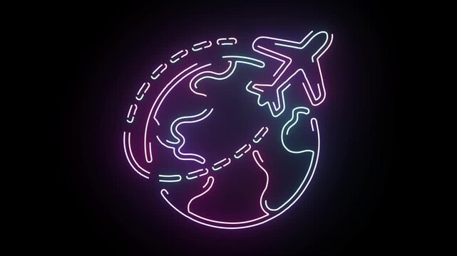 Neon globe icon glowing in vibrant blue and purple colors with an airplane flight path trajectory loop animation against a solid dark black background